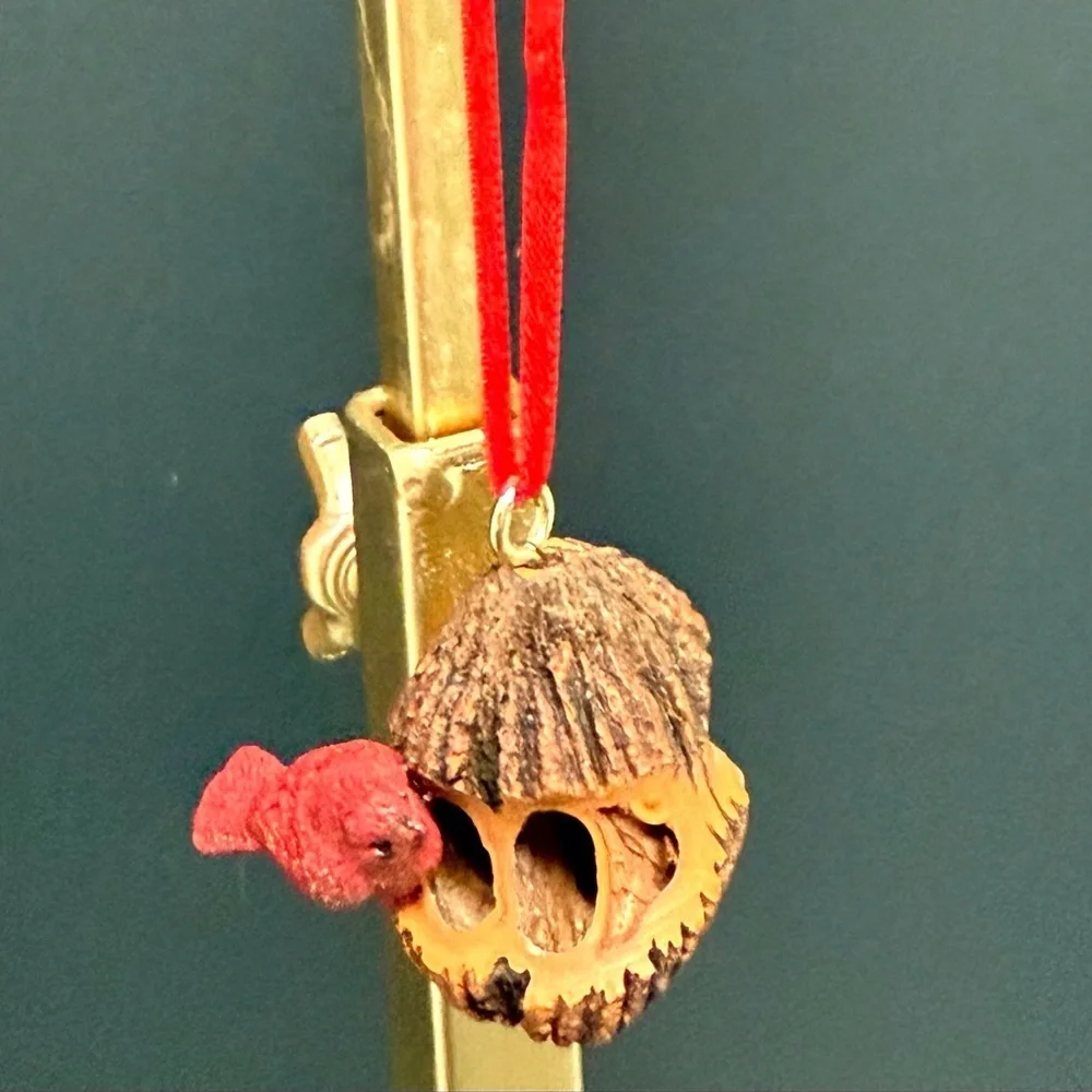 Handmade Hand-Painted & Carved Black Walnut Christmas Ornament with Red Bird